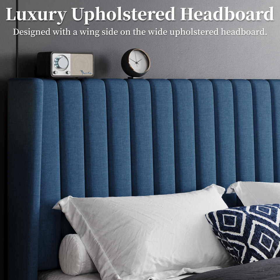 Yaheetech King Bed Frame Upholstered Platform Bed with Fabric Headboard, Wing Edge Design/Non-Slip and Noise-Free/Wooden Slats Support/No Box Spring Needed/Easy Assembly, Ivory King Bed