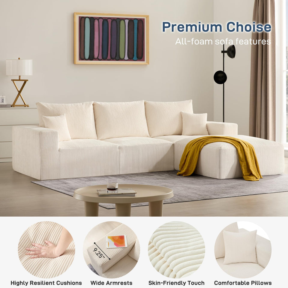 Sectional Cloud Boneless Sofa Couches for Living Room-113'' Beige 3 Seater U-Shaped Modern Lounge Couch-No Assembly Modular Corduroy Convertible Sponge Sleeper Sofas with Chaise for Home House