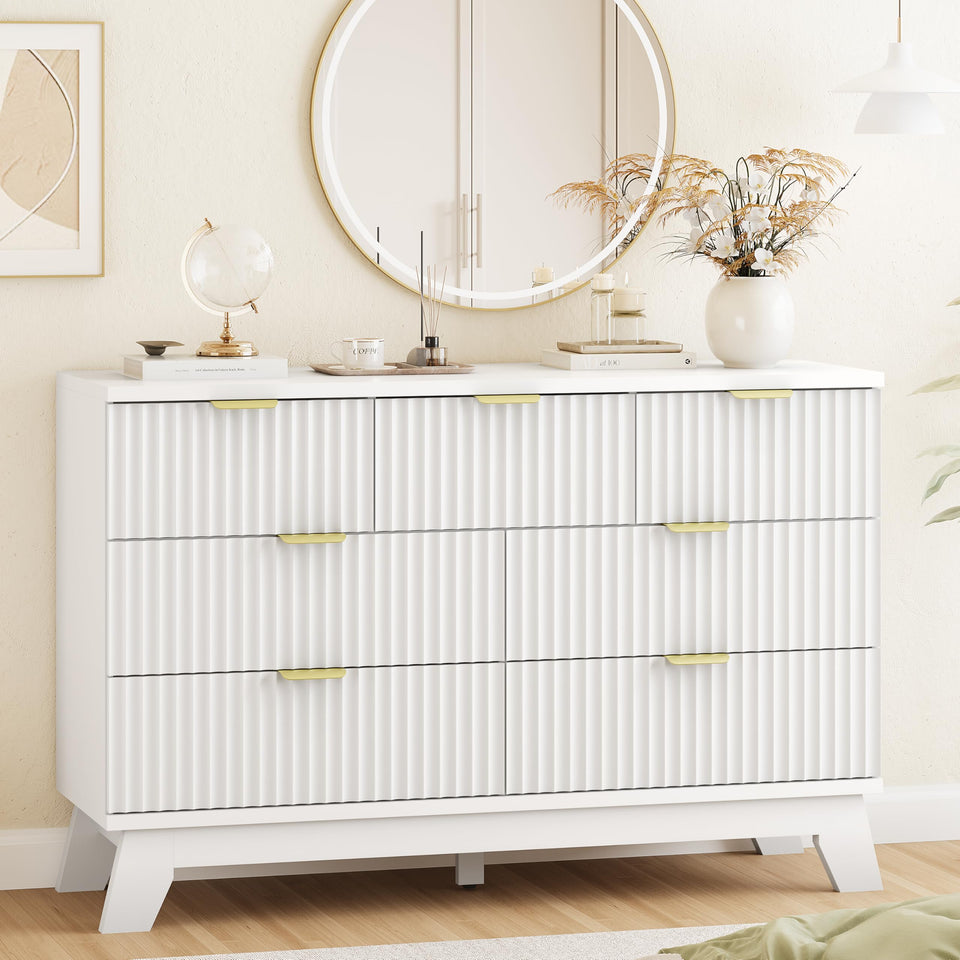 Fluted Dresser for Bedroom with 9 Drawers, 57" Wide Modern Chest of Drawers with Metal Handle, Wooden Dresser TV Stand, Wood Closet Clothes Storage Organizer for Living Room, Hallway, Natural Oak