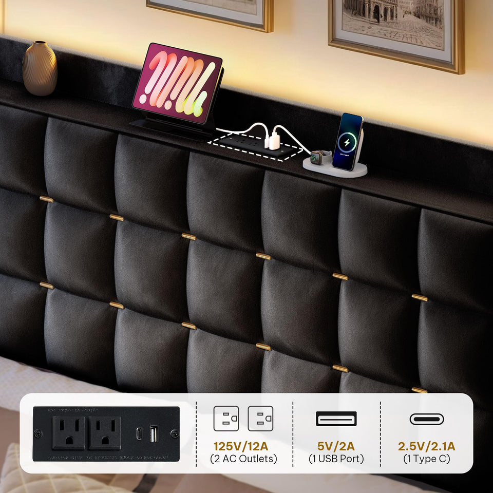 YITAHOME King Size Bed Frame with 3 Storage Drawers and RGB LED Lights, Velvet Upholstered Bed with Charging Station and Storage Headboard, No Box Spring Needed, Easy Assembly, Noise-Free, Grey