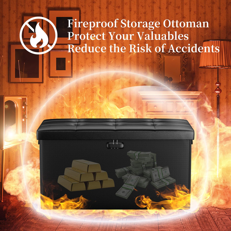 DocSafe Storage Ottoman with Lock,Fireproof Folding Ottoman Foot Rest Stool Storage Chest with Storage Safe for Important Documents,Waterproof 17 Inches Short Ottoman Foot Stool with Handles,Black