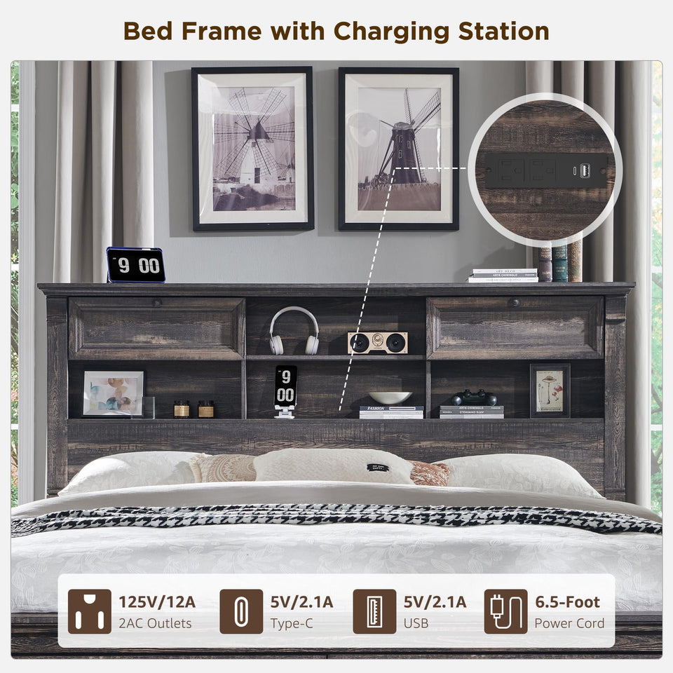 Farmhouse King Size Bed Frame with 54" Tall Storage Bookcase Headboard, Wood Platform Bed Frame with 2 Drawers & 18" Tall Roman Column Decoration Footboard, No Box Spring Needed(Antique White)