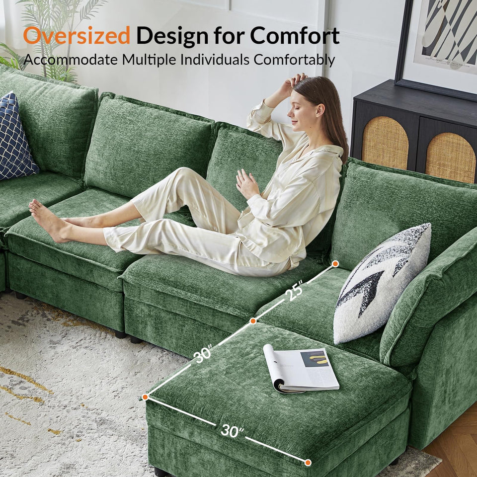 HULALA HOME 127'' Modular Sectional Sofa, Oversized U Shaped Couch with Storage Ottoman, Comfy Chenille Sofa with Deep Seat, 6 Seat Convertible Couches for Living Room, Beige