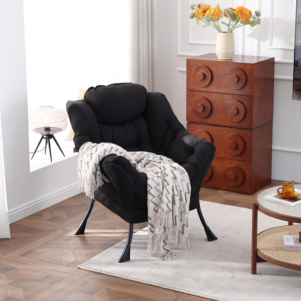 Welnow Lazy Chair with Ottoman, Modern Lounge Accent Chair with Armrests and a Side Pocket, Leisure Sofa Armchair, Reading Armchair with Footrest for Small Space, Dark Grey