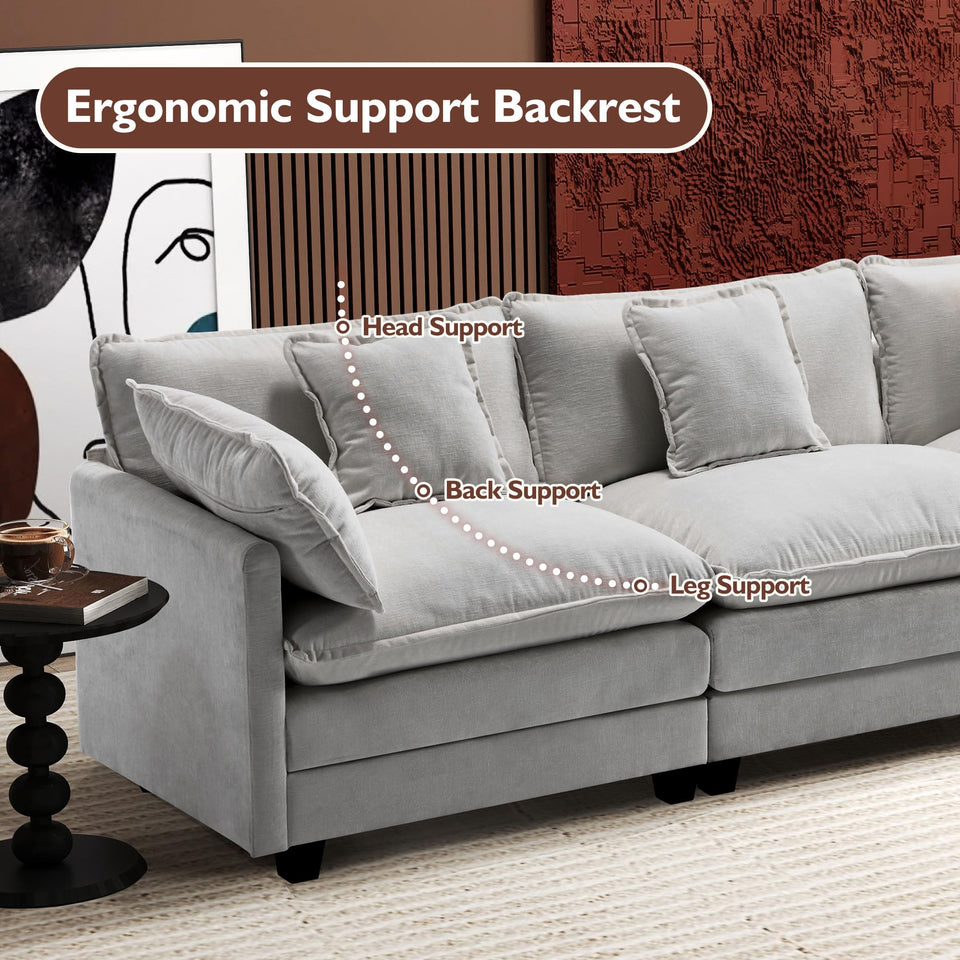 Ihanherry 146" U-Shaped Modern Sofa Modular Sectional Cloud Couch with 2 Ottoman, 6-Seat Chenille Deep Seat Sofa with 6 Pillows for Living Room, Bedroom and Apartment, Grey