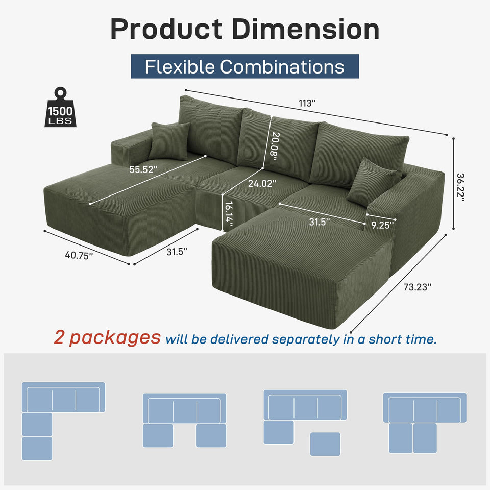 Sectional Cloud Boneless Sofa Couches for Living Room-113'' Beige 3 Seater U-Shaped Modern Lounge Couch-No Assembly Modular Corduroy Convertible Sponge Sleeper Sofas with Chaise for Home House