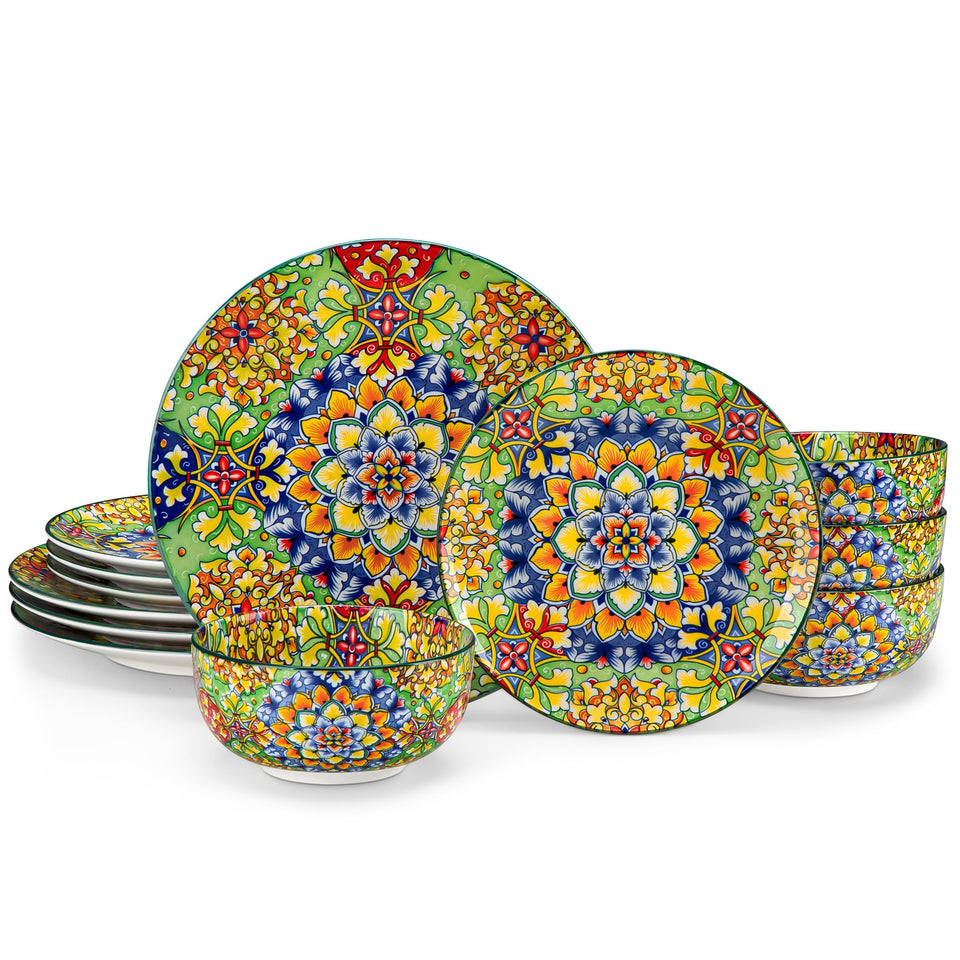 vancasso 24 Pieces Dinnerware Sets, Plates and Bowls Set, Porcelain Dishes Set for 6, Microwave and Dishwasher Safe, Scratch Resistant, Bohemian Style Dining Ware Service for 6, Series SIMI