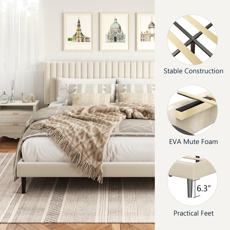 HAOARA King Size Bed Frame,King Size Platform Bed Frame and Velvet Upholstered Headboard with Strong Wood Slats, Box Spring Optional, Mattress Foundation, Easy Assembly Beige