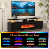 KOKEBREN 70'' Fireplace TV Stand, Entertainment Center with 36'' Firplace, 2 Tier TV Console Cabinet with Storage Cabinet, Electric Fireplace Heater with LED Light and 12 Flame Colors, Black