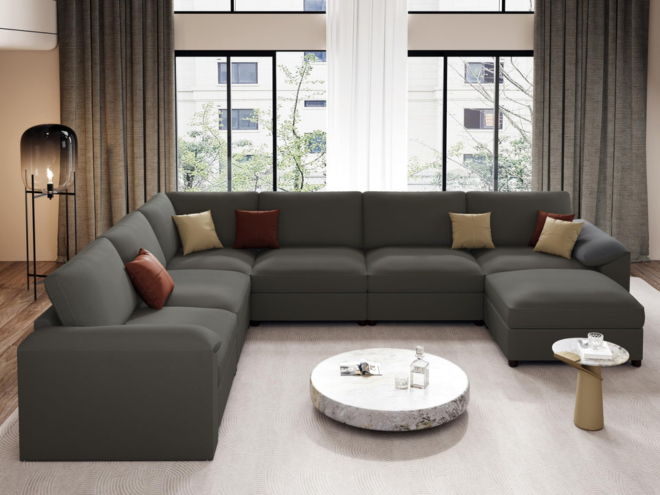 EASE MOOSE Leather Sectional Couch, Oversized Modular Sectional Sofas, Wide Deep Seat Modular Couch, Scratch Resistant Faux Leather Material, L Shaped Sofa for Big Spaces,Beige