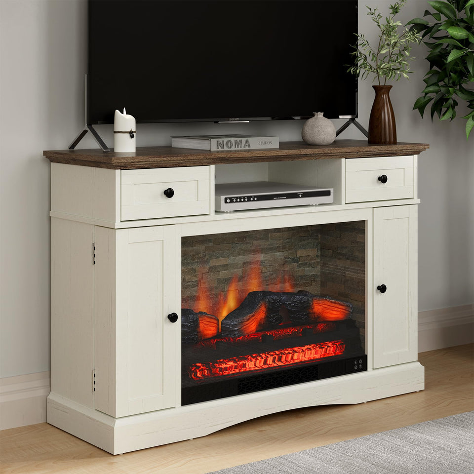 RoyalCraft Fireplace TV Stands with for TVs up to 55'', Media Console Table with Adjustable Shelves, Double-Door Design, Entertainment Center for Living Room, White and Rustic Oak