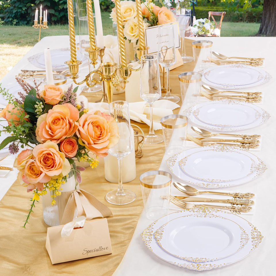 YOUBET 700PCS Silver Plastic Plates - White and Silver Disposable Plates - Silvery Plastic Dinnerware Set - Include 200 Plates, 300 Heavy Duty Silverware, 100 Cups and 100 Napkins for Wedding & Party