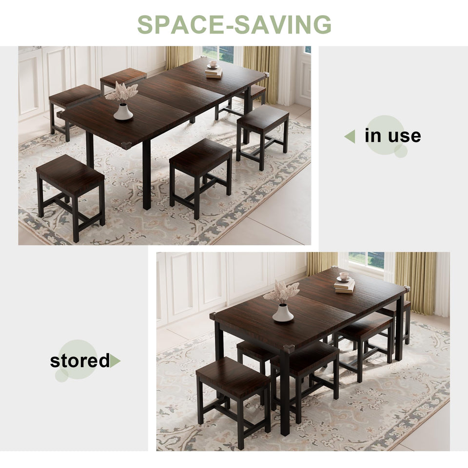 Feonase 5-Piece Dining Table Set for 4-8 People, 63" Large Extendable Kitchen Table Set with 2 Benches and 2 Square Stools, Dining Room Table with MDF Wood Board, Easy Assembly, Black