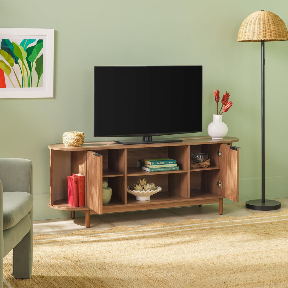 Walker Edison Chloe Curved Reeded TV Stand, Sliding Doors, 65 Inch, 60 inch, Mocha