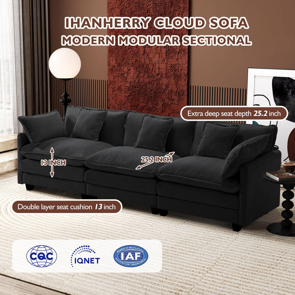 Ihanherry 146" U-Shaped Modern Sofa Modular Sectional Cloud Couch with 2 Ottoman, 6-Seat Chenille Deep Seat Sofa with 6 Pillows for Living Room, Bedroom and Apartment, Grey