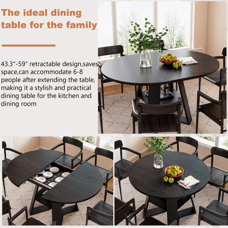 43.3in-59in Extendable Round Dining Table for 4-8,Modern Kitchen Oval Dining Table with Removable Leaves Space Saving,Wood Base with Storage Shelf for Kitchen Living Room (Walnut)