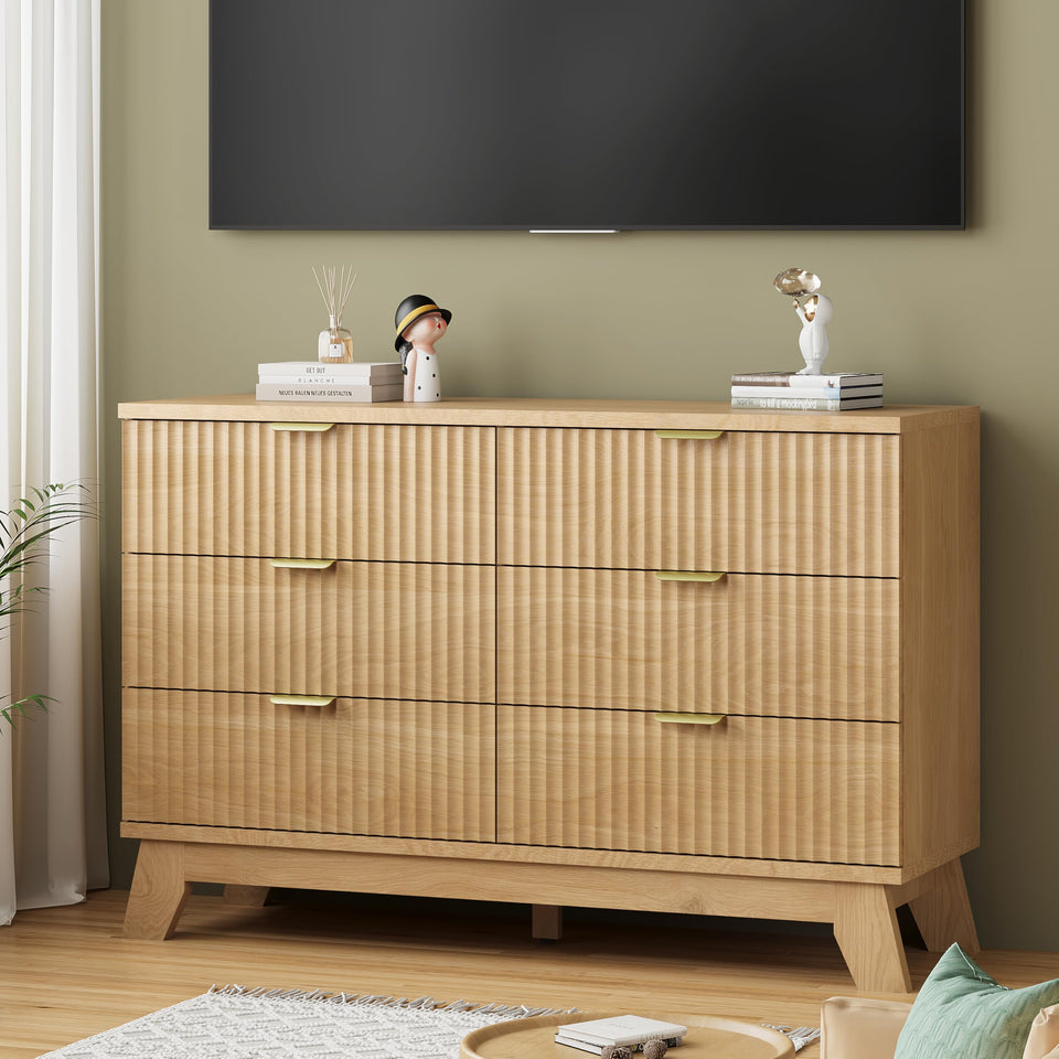 Fluted Dresser for Bedroom with 9 Drawers, 57" Wide Modern Chest of Drawers with Metal Handle, Wooden Dresser TV Stand, Wood Closet Clothes Storage Organizer for Living Room, Hallway, Natural Oak