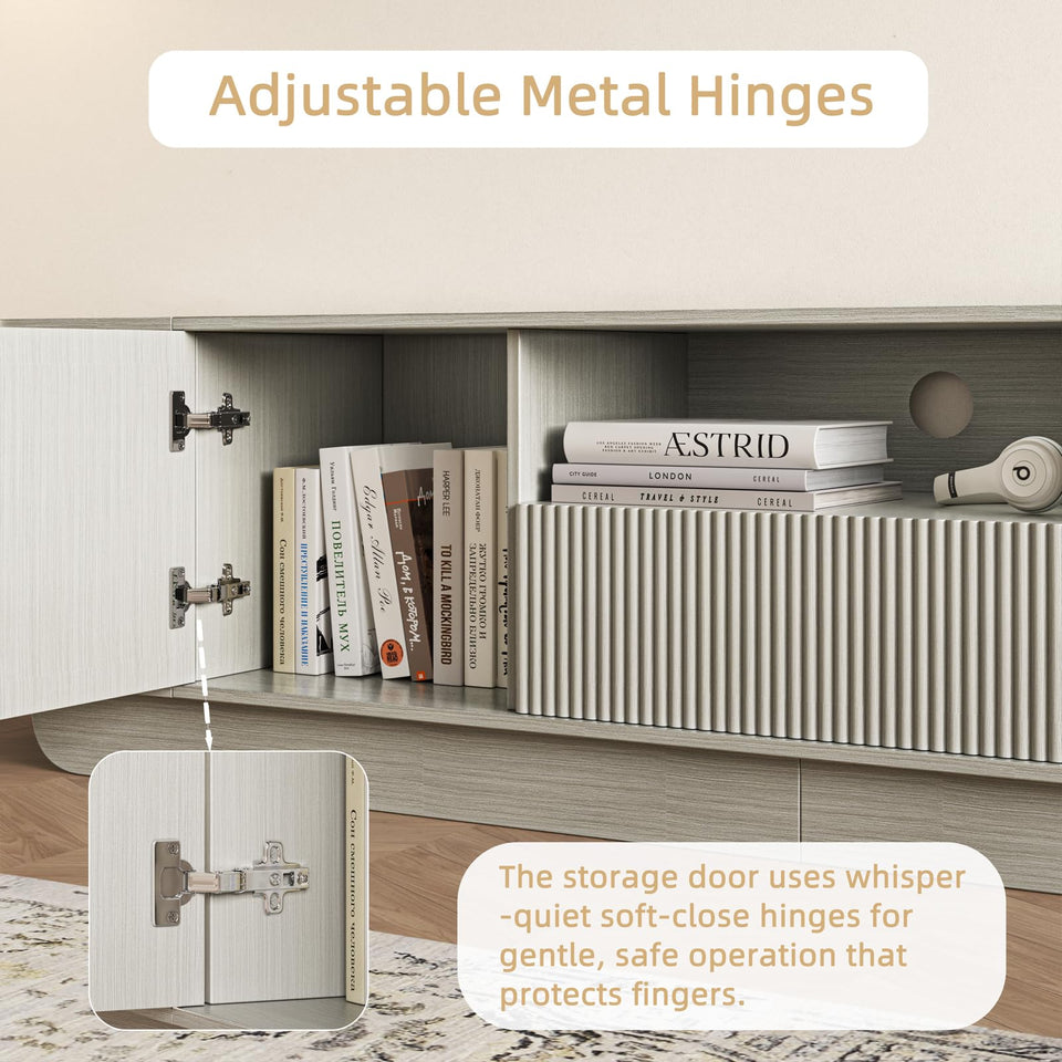 UKAOCAI 86.61'' Tambour TV Stand for 55-85 Inch, Modern Entertainment Center with Large Storage Cabinet & Open Shelves, TV Console with Sliding Doors for Living Room, Bedroom, Natural