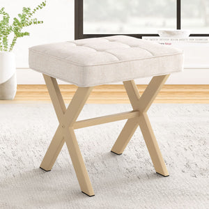 LUE BONA Square Linen Makeup Stool, Metal X Legs, Small Ottoman Stool Chair for Vanity, Modern Padded Seat Foot Rest for Makeup Room, Bathroom