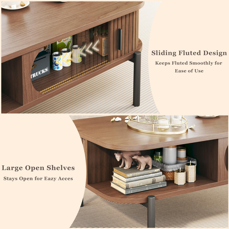 Coffee Table, 39.4" Mid Century Modern Coffee Tables for Living Room, Coffee Table with Storage Open Shelf, Fluted Table with Sliding Cabinet Door, 2-Tier Rustic Wood Desktop, Walnut