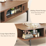 Coffee Table, 39.4" Mid Century Modern Coffee Tables for Living Room, Coffee Table with Storage Open Shelf, Fluted Table with Sliding Cabinet Door, 2-Tier Rustic Wood Desktop, Walnut