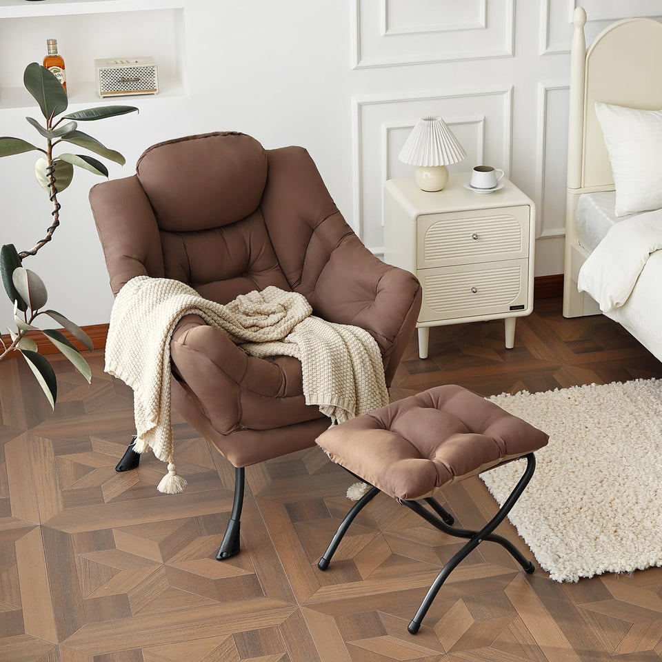 Welnow Lazy Chair with Ottoman, Modern Lounge Accent Chair with Armrests and a Side Pocket, Leisure Sofa Armchair, Reading Armchair with Footrest for Small Space, Dark Grey