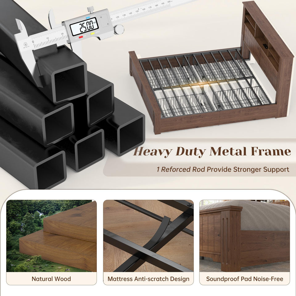 EnHomee King Size Bed Frame and Headboard & Storage, 4 Drawers and LED Built in Charging Station King Bed Frame with Storage Farmhouse,NO Noise,No Box Spring Needed,White