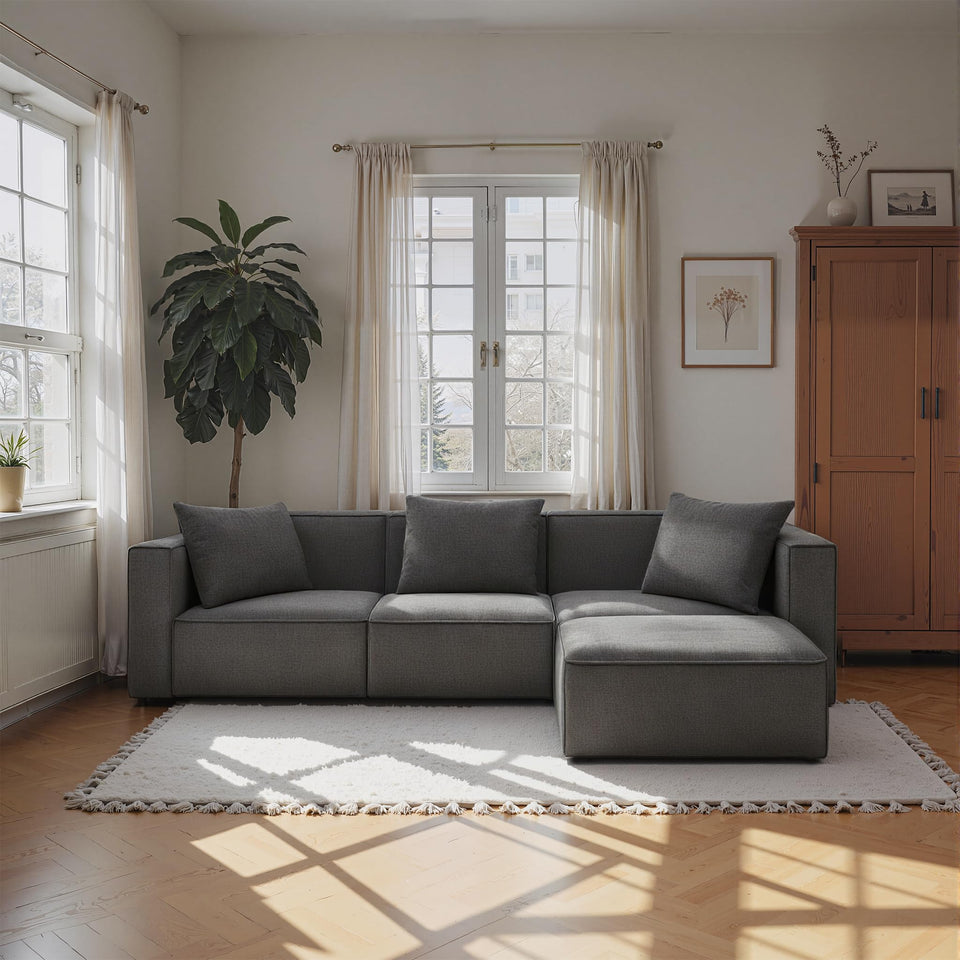 Acanva Luxury Modular Sectional Living Room Sofa Set, Modern Minimalist Style Couch with Ottoman and Chaise, L-Shape, Linen-Like Cream