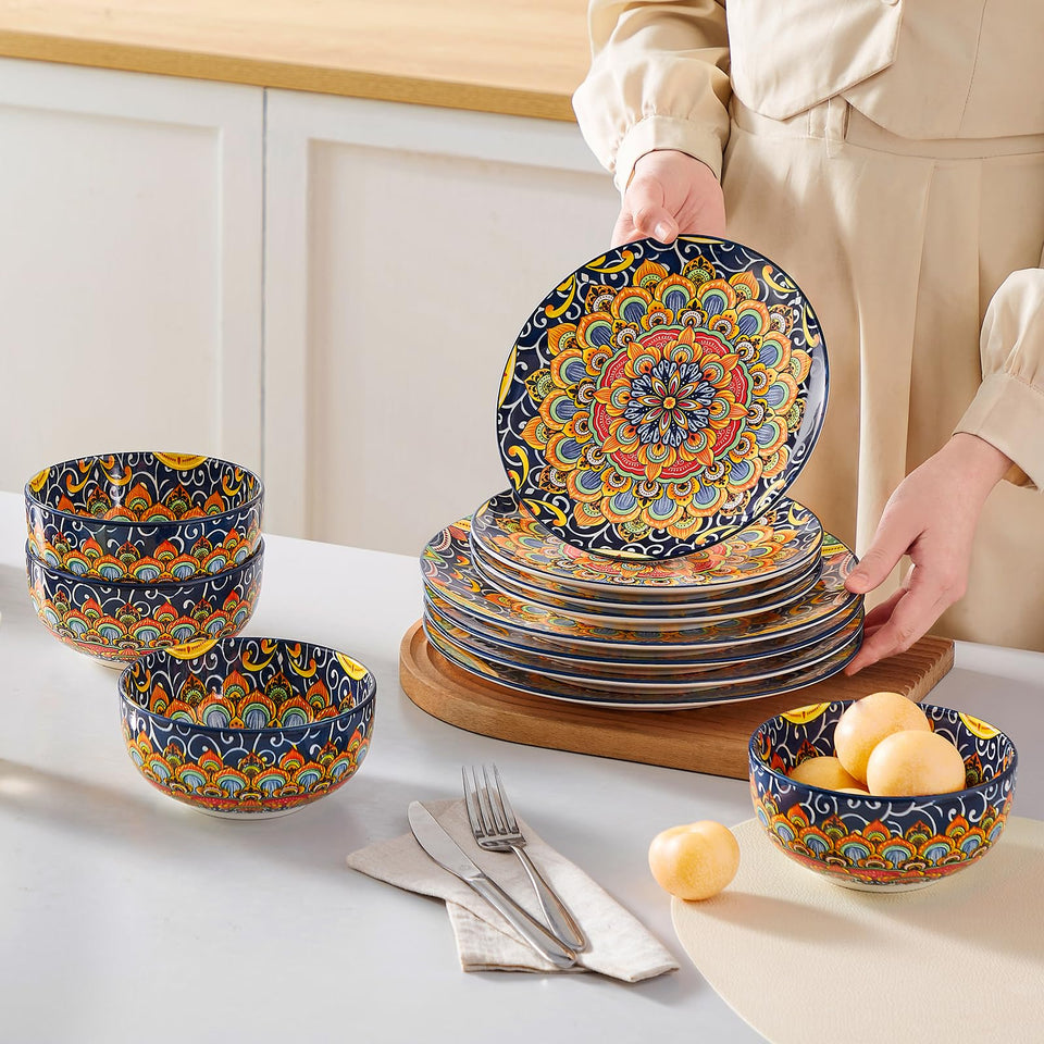 vancasso 24 Pieces Dinnerware Sets, Plates and Bowls Set, Porcelain Dishes Set for 6, Microwave and Dishwasher Safe, Scratch Resistant, Bohemian Style Dining Ware Service for 6, Series SIMI