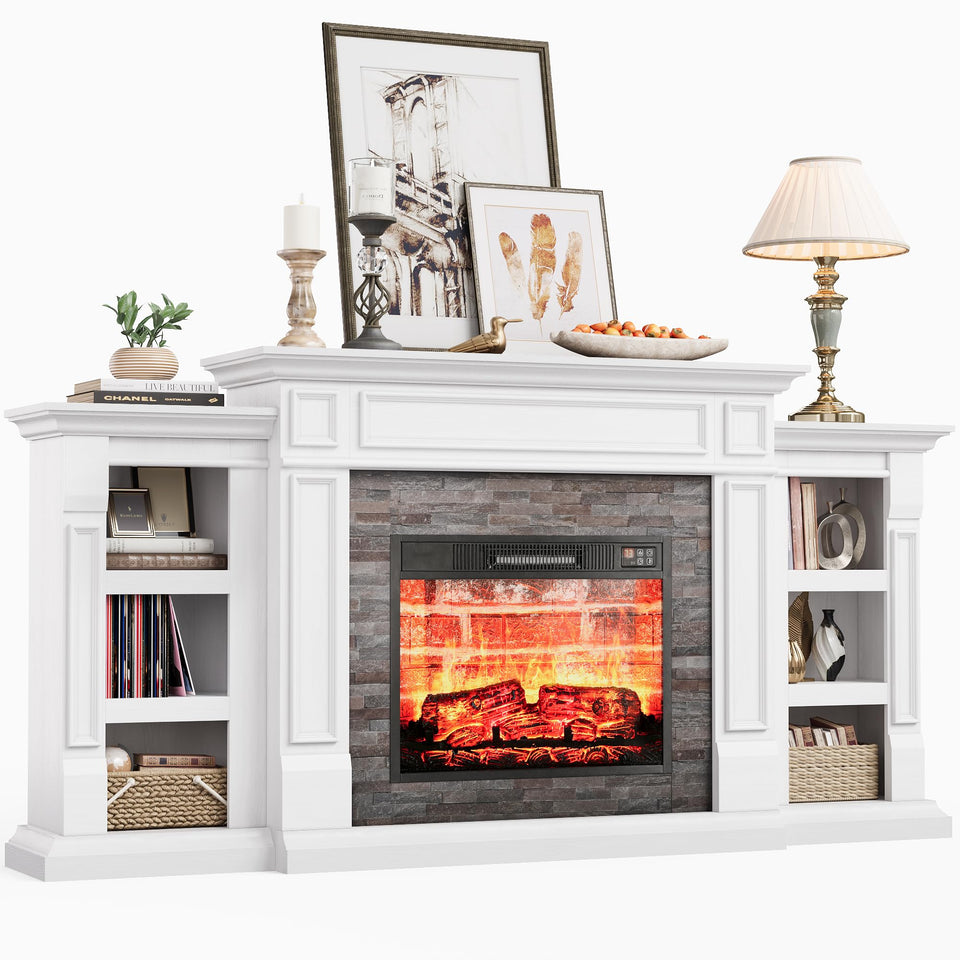 LGHM 72" Electric Fireplace with Mantel, Fireplace TV Stand for TVs Up to 80 Inch, Modern Entertainment Center with Storage, Realistic Stacked Stone Surround with Remote Control for Living Room
