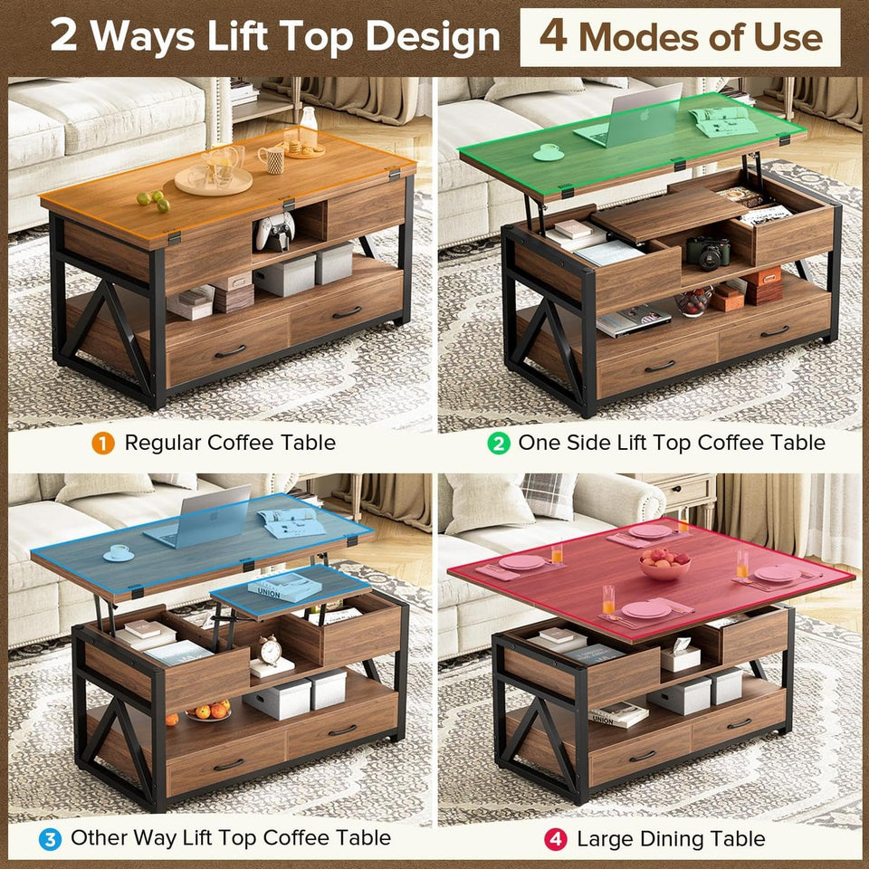 Memobarco 40" Lift Top Coffee Table,4 in 1 Multi-Function Lift Coffee Tables with Storage Drawers and Hidden Compartmen,Farmhouse Coffee Table with Lifting top for Living Room,Black
