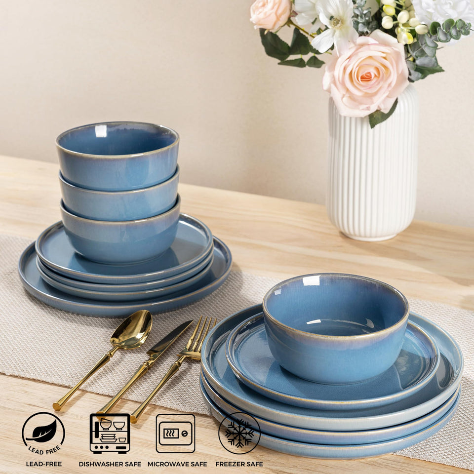 GBHOME Ceramic Dinnerware Sets for 8, 24 Pieces Stoneware Plates and Bowls Sets, Scratch Resistant Dishes, Dishwasher & Microwave Safe, Reactive Glaze-Green Wheat