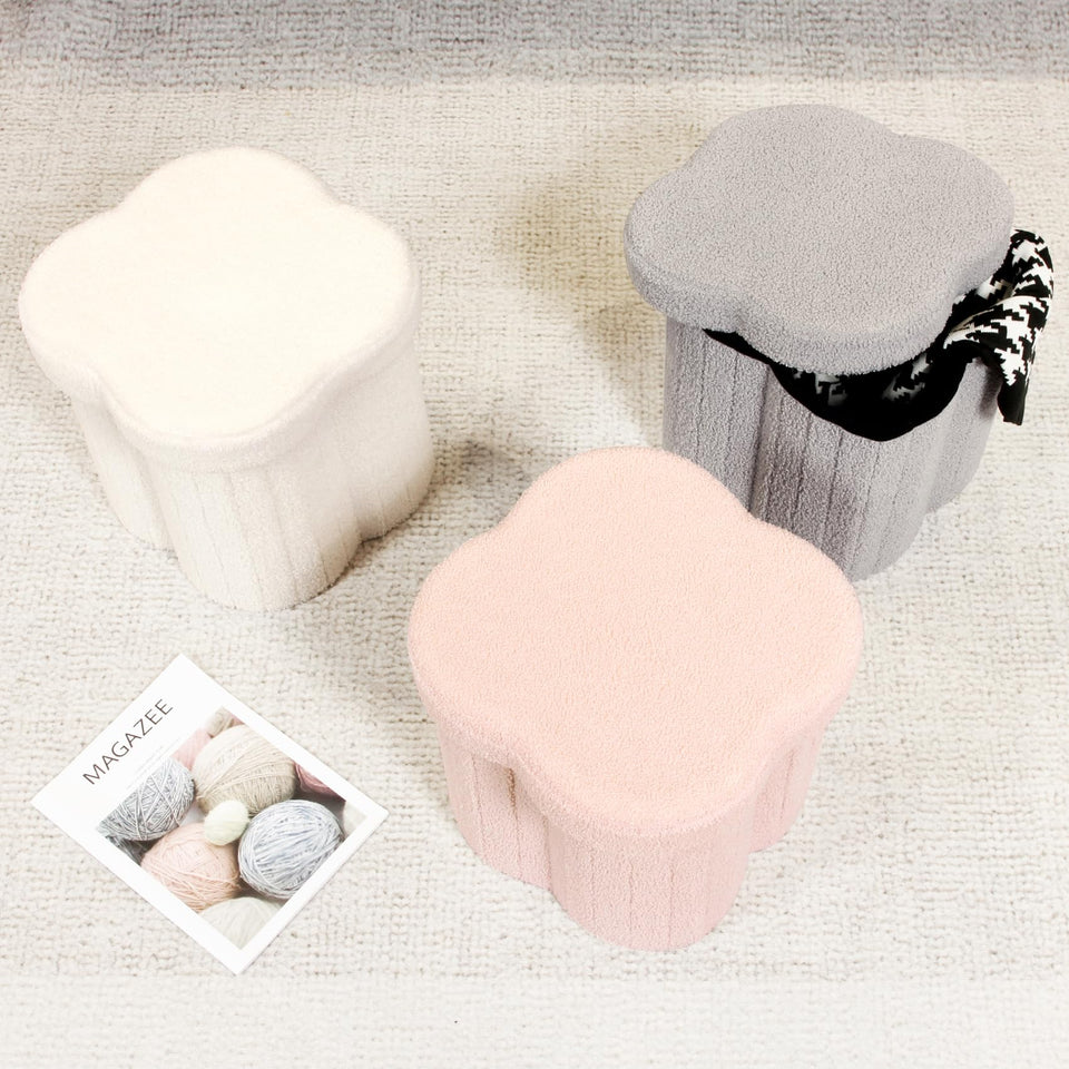 B FSOBEIIALEO Storage Ottoman Cube, Flowers Shaped Ottomans with Storage Foot Stool Footrest for Lving Room, Boucle Ottoman Seat for Dorm Room,Faux Teddy Fur, Cream White 12.6"x12.6"x12.6"