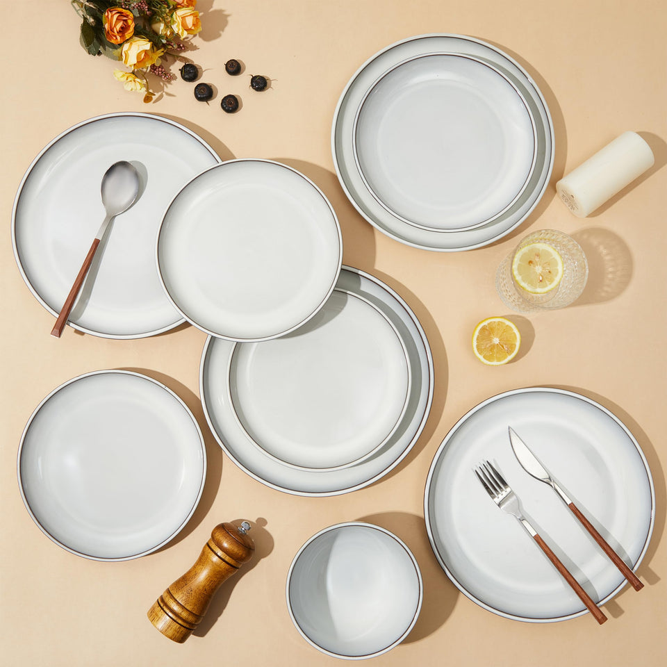 Pokini 24 Piece Dinnerware Sets for 8, Modern Stoneware Plates and Bowls Setst, Perfect for Family Gatherings & Holiday Celebrations, Easy Cleaning Dishes Set, Stack Compactly Dishware, Brown Green