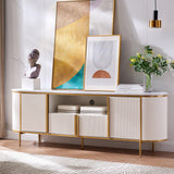 OKD Luxury 70" Fluted TV Stand, Modern Chic Entertainment Center for TVs Up to 80 inches, TV Console with Faux Marble Top, Curved Profile Design, Media Console for Living Room, Natural Oak