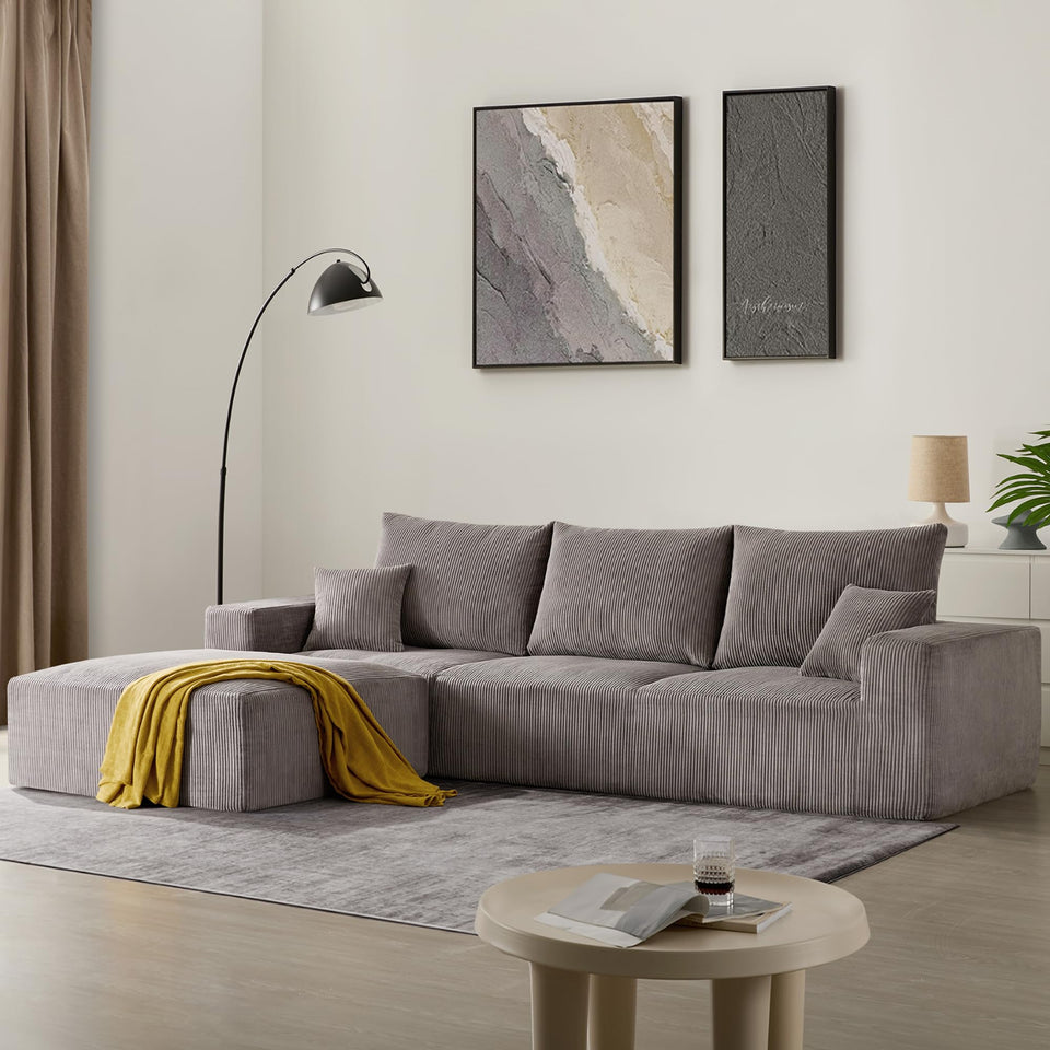 Sectional Cloud Boneless Sofa Couches for Living Room-113'' Beige 3 Seater U-Shaped Modern Lounge Couch-No Assembly Modular Corduroy Convertible Sponge Sleeper Sofas with Chaise for Home House