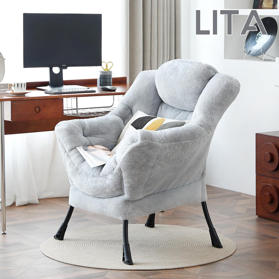 LITA Lazy Chair with Ottoman, Modern Accent Leisure Upholstered Lazy Sofa Armchair, Contemporary Lounge Reading Chair with Armrests and a Side Pocket for Living Room, Bedroom & Small Space, Dark Grey