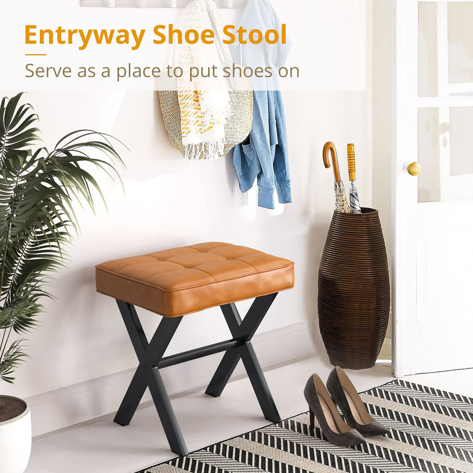 LUE BONA Square Linen Makeup Stool, Metal X Legs, Small Ottoman Stool Chair for Vanity, Modern Padded Seat Foot Rest for Makeup Room, Bathroom