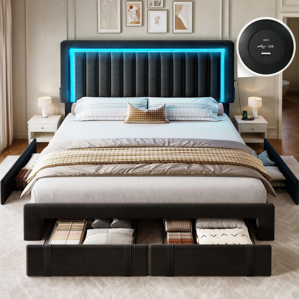 YITAHOME King Size Bed Frame with Adjustable Headboard, 4 Storage Drawers and RGB LED Lights, Velvet Upholstered Platform Bed with USB Ports, No Box Spring Needed, Fast Assembly, Noise-Free, Black