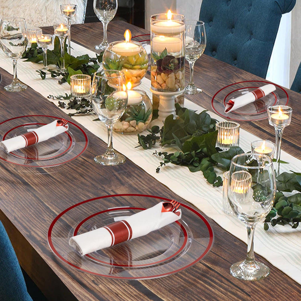 Goodluck 700 Piece Dark Blue Plastic Dinnerware Set for Party, Clear Disposable Plates for 100 Guests, Include: 100 Dinner Plates, 100 Dessert Plates, 100 Pre Rolled Napkins with Cutlery Set, 100 Cups