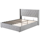 Allewie King Size Lift Up Storage Bed, Modern Wingback Headboard, Hydraulic Support, No Box Spring Needed, Light Beige