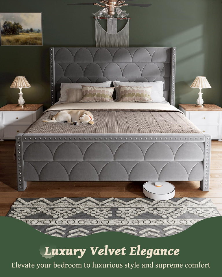 OHOHOLIVE King Size Bed Frame with 56" Headboard - 1000LBS Capacity Support, Velvet Upholstered Wingback Platform Bed Frame, Noise Free, Sturdy Wooden Slat Support