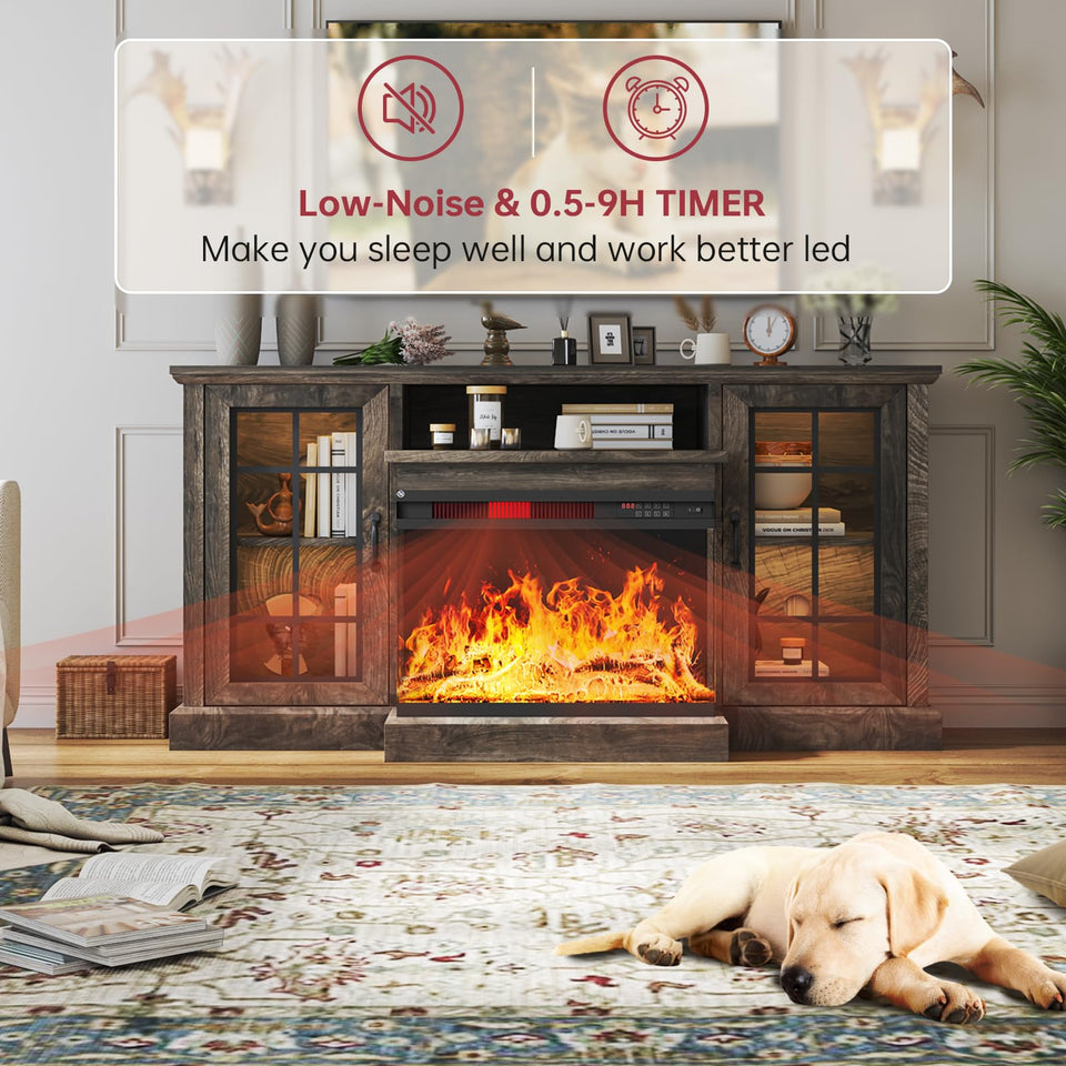 oneinmil 36 Inch 3-Sided Glass Fireplace TV Stand for TVs up to 80", Rustic Media Entertainment Center Console Table with Glass Door Closed Storage, Set of TV Table, White