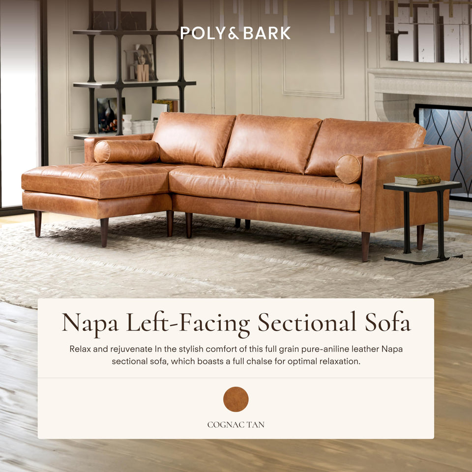 POLY & BARK Napa 72" Apartment Sofa – Italian-Tanned Full-Grain Pure-Aniline or Semi-Aniline Leather, Feather-Down Cushioning, Kiln-Dried Solid Wood Frame, Walnut Legs - Cognac Tan