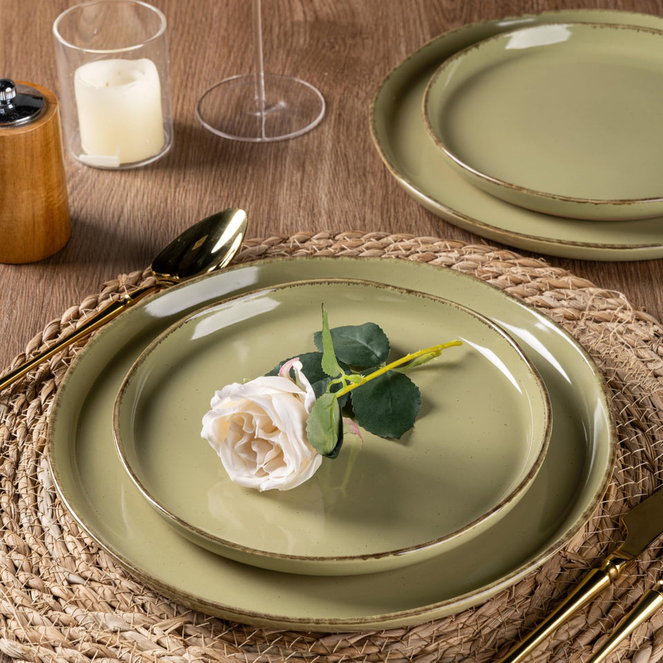 AmorArc Ceramic Dinnerware Sets for 8, 24 Pieces Handpainted Plates and Bowls Set with Rustic Terracotta Underside, Scratch Resistant Stoneware Dishes Set, Dishwasher & Microwave Safe, Light Beige