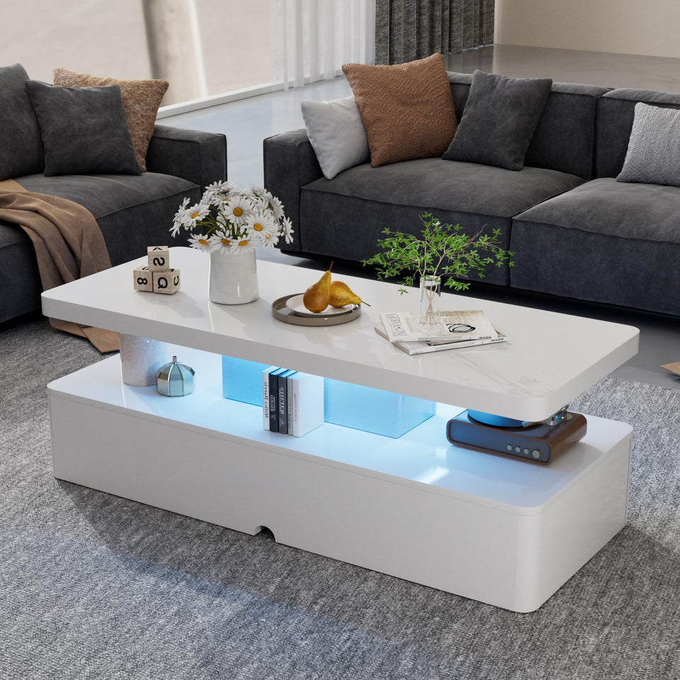 oneinmil Modern LED Coffee Table, 40" Living Room Tables with 16 Colors LED Lights, Double-Layer Design, Stylish Coffee Tables for Living Room, Black