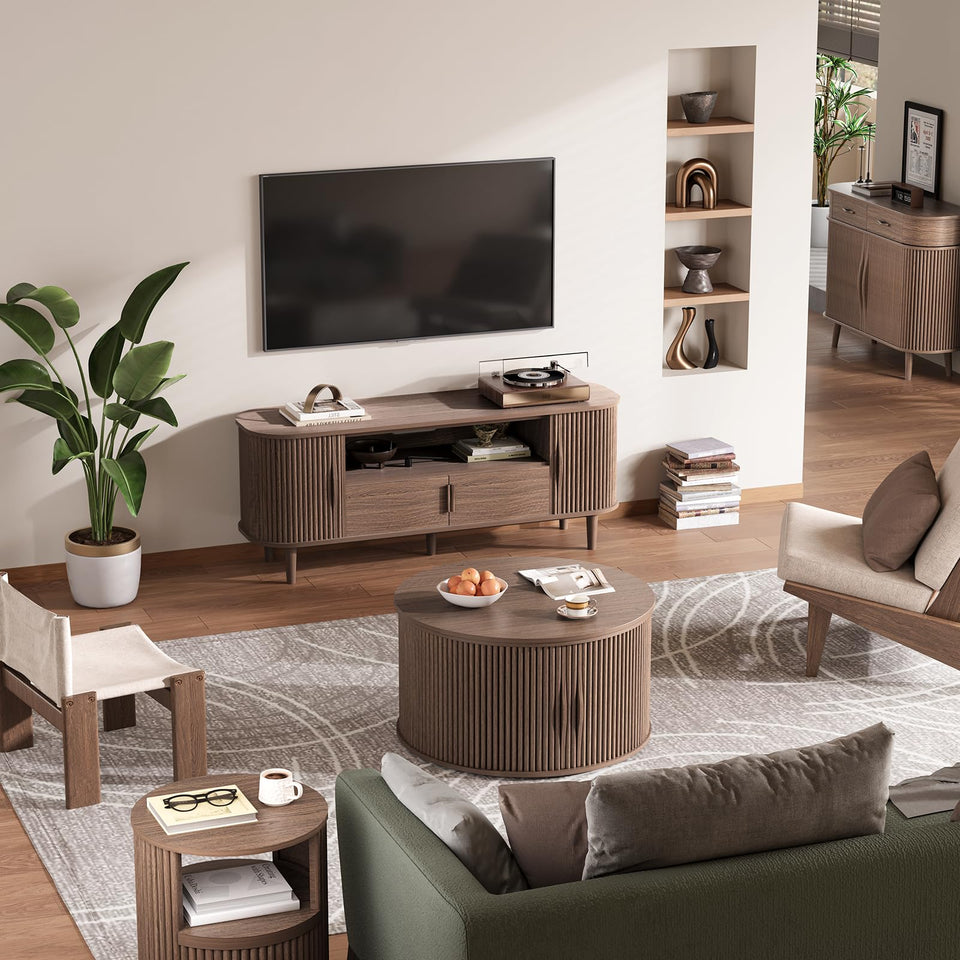 JOINICE, Round Coffee Table with Storage, Mid Century Modern Center Table with Sliding Cabinet Door, Fluted Dining Table for Living Room, Home Small Space, 31.5", Walnut