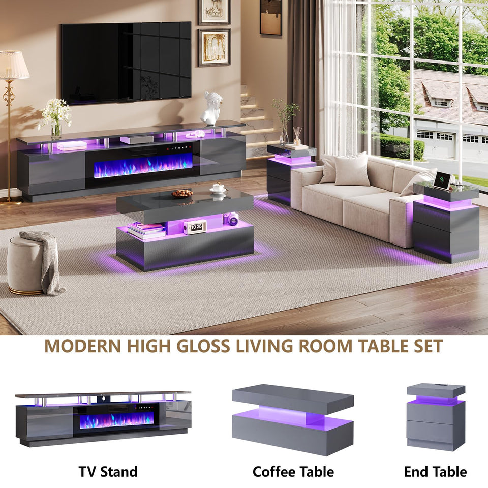 AMERLIFE Fireplace TV Stand with 36" Fireplace, 70" Modern High Gloss Fireplace Entertainment Center LED Lights, 2 Tier TV Console Cabinet for TVs Up to 80", Obsidian Black