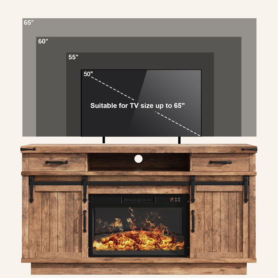 59'' Fireplace TV Stand with 3D Flame Electric Fireplace Heater, 34'' Tall Farmhouse TV Stand for 65 Inch TV, Entertainment Center TV Console with 2 Drawers, Sliding Barn Door for Living Room - White