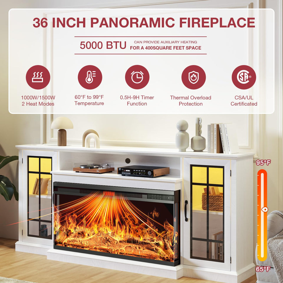 oneinmil 36 Inch 3-Sided Glass Fireplace TV Stand for TVs up to 80", Rustic Media Entertainment Center Console Table with Glass Door Closed Storage, Set of TV Table, White